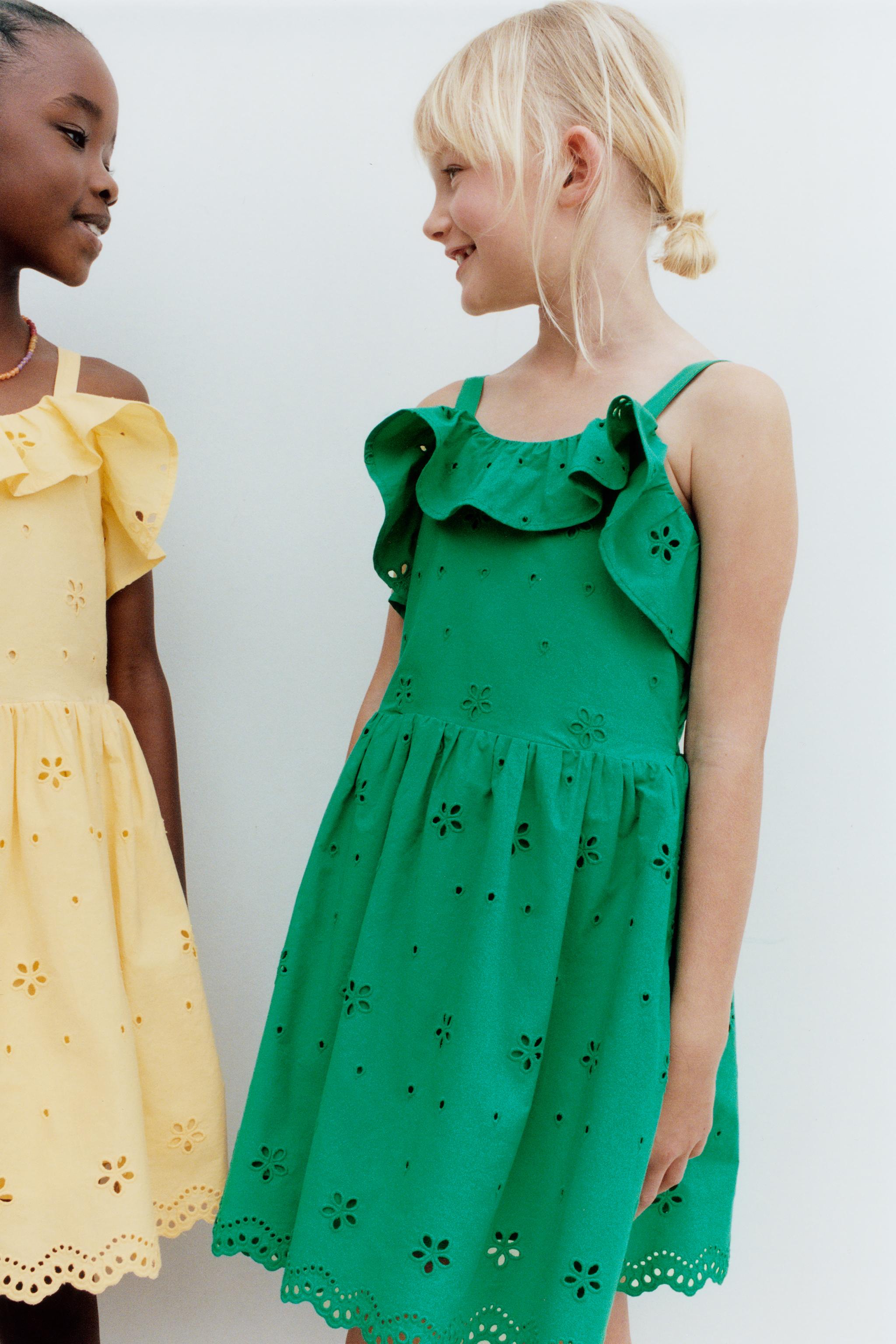 SCHIFFLY EMBROIDERED RUFFLE DRESS